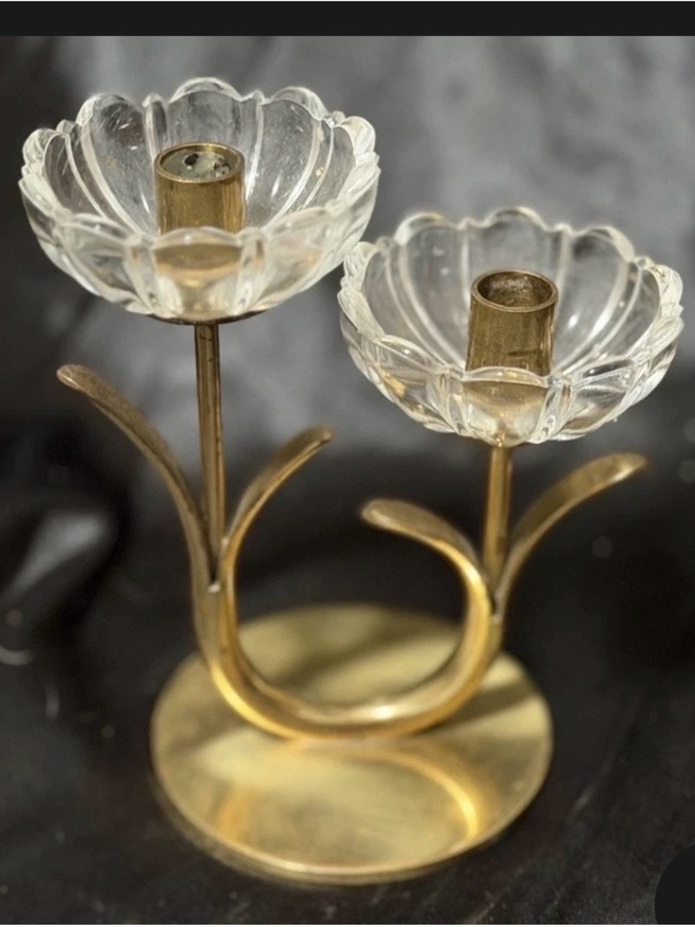 Gold Floral Double Taper Candleholder with Clear Crystal Cups